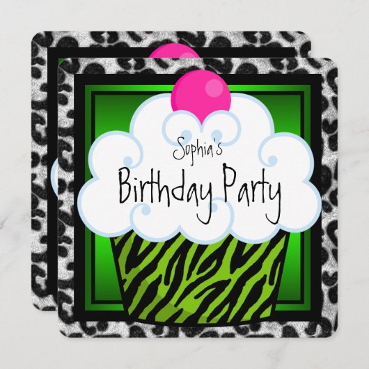Invitation Lime Green Zebra Girls Cupcake fête d'anniversaire (Devant / Derrière)