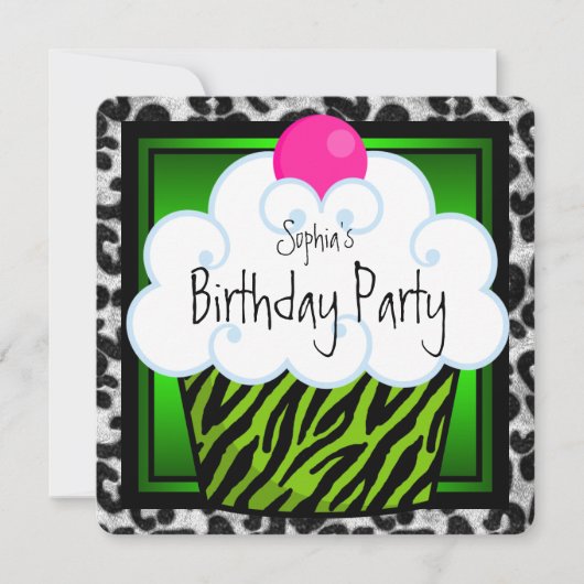 Invitation Lime Green Zebra Girls Cupcake fête d'anniversaire (Devant)