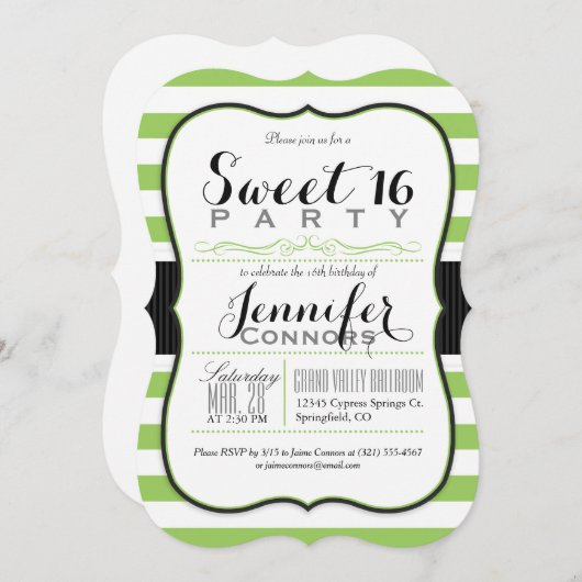 Invitation Lime Vert & Blancs Sweet 16 Party (Devant / Derrière)