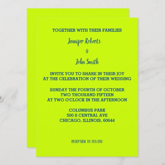 Invitation Lime Vert Bleu Mariage brillant couleur simple (Devant / Derrière)