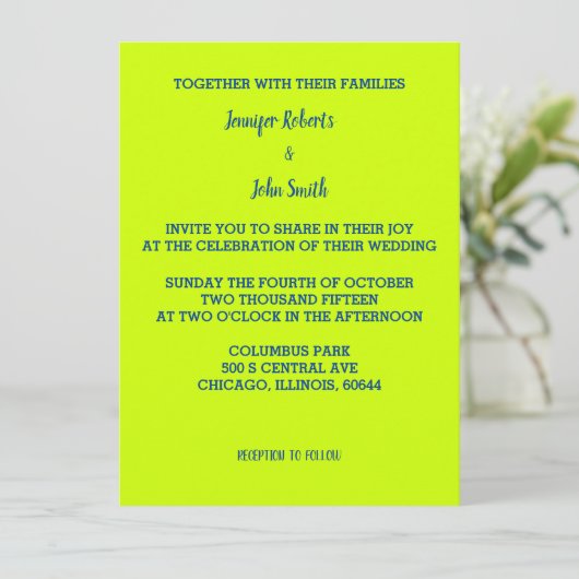 Invitation Lime Vert Bleu Mariage brillant couleur simple (Debout devant)