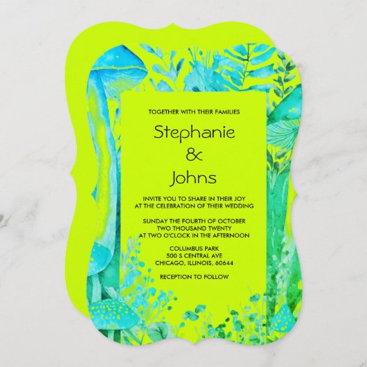Invitation Lime Vert Turquoise Champignons bleu Mariage de bo (Devant / Derrière)