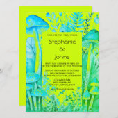 Invitation Lime Vert Turquoise Champignons Bleus Bois Mariage (Devant / Derrière)