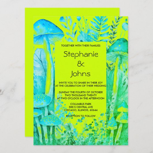 Invitation Lime Vert Turquoise Champignons Bleus Bois Mariage (Devant / Derrière)