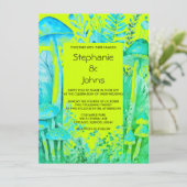 Invitation Lime Vert Turquoise Champignons Bleus Bois Mariage (Debout devant)