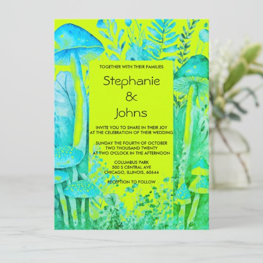 Invitation Lime Vert Turquoise Champignons Bleus Bois Mariage (Debout devant)