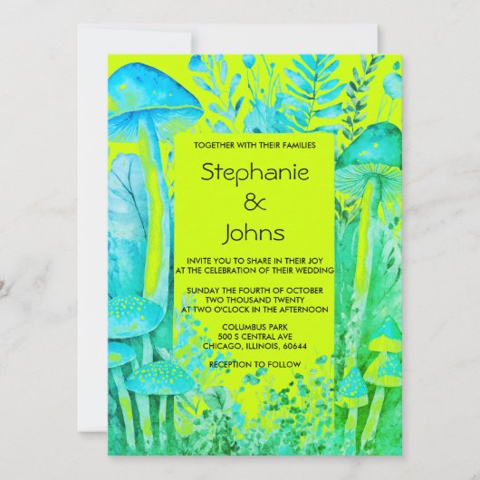 Invitation Lime Vert Turquoise Champignons Bleus Bois Mariage (Devant)