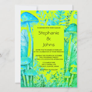Invitation Lime Vert Turquoise Champignons Bleus Bois Mariage