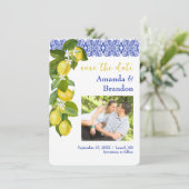 Invitation Limone I Citron italien & Carrelage bleu Enregistr (Debout devant)