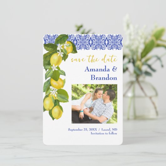 Invitation Limone I Citron italien & Carrelage bleu Enregistr (Debout devant)