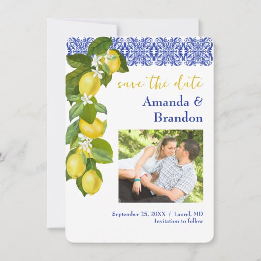 Invitation Limone I Citron italien & Carrelage bleu Enregistr (Devant)