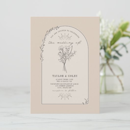Invitation Line Art Arch Bouquet Désert Tan Mariage (Debout devant)