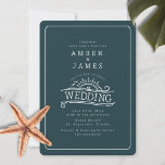 Invitation Line Art Beach Wedding Dark Slate Green<br><div class="desc">Illustration en ligne du texte MARIAGE intégré au design avec soleil,  mouettes et vagues océaniques. Texte blanc sur l'arrière - plan vert ardoise foncée avec bordure rectangle arrondie.</div>