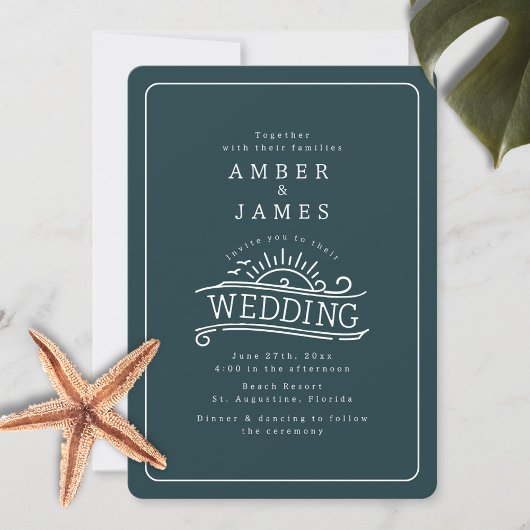 Invitation Line Art Beach Wedding Dark Slate Green