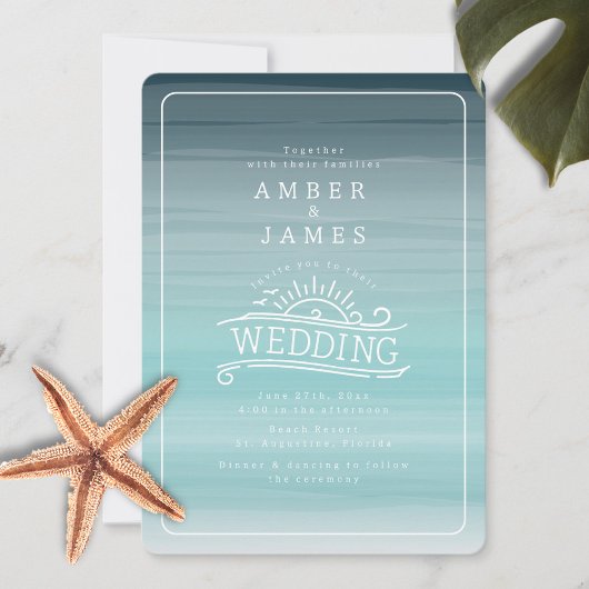 Invitation Line Art Beach Wedding Turquoise Ombre
