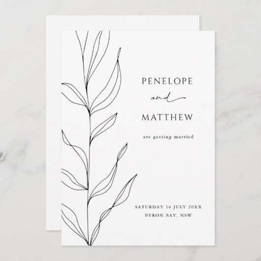 Invitation Line Art Feuilles de feuillage Enregistrer la date (Devant / Derrière)