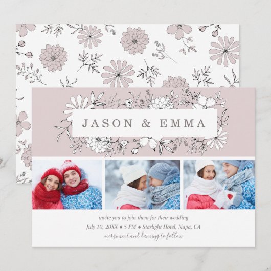 Invitation Line Art Floral Frame Dusty Rose 3 Mariage photo (Devant / Derrière)