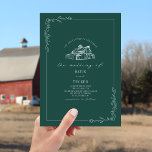 Invitation Line Art Rustic Barn Emerald Mariage<br><div class="desc">Illustration de la grange au sommet avec bordure botanique d'art de ligne. L'Arrière - plan est de couleur vert émeraude.</div>