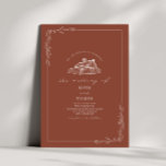 Invitation Line Art Rustic Grange Mariage en terre cuite<br><div class="desc">Illustration de la grange au sommet avec bordure botanique d'art de ligne. L'Arrière - plan est de couleur terre cuite.</div>