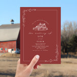 Invitation Line Art Rustic Grange Muet Mariage rouge<br><div class="desc">Illustration de la grange au sommet avec bordure botanique d'art de ligne. L'Arrière - plan est de couleur rouge muet.</div>