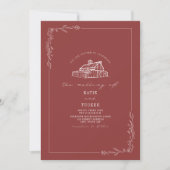 Invitation Line Art Rustic Grange Muet Mariage rouge (Devant)