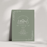 Invitation Line Art Rustic Mountains Sage Green Mariage<br><div class="desc">Illustration des montagnes au sommet avec bordure botanique d'art linéaire. L'Arrière - plan est vert sage.</div>