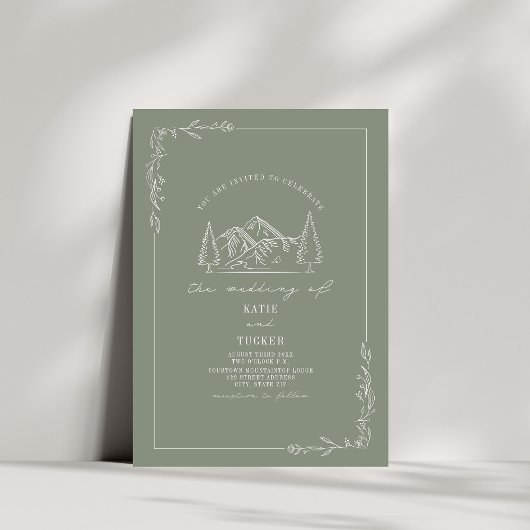 Invitation Line Art Rustic Mountains Sage Green Mariage