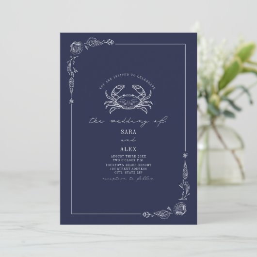 Invitation Line Art Rustic Navy Blue Crab Beach Wedding (Debout devant)