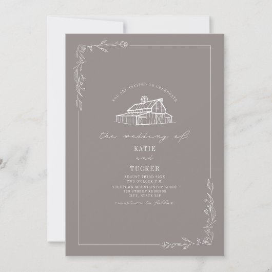 Invitation Line Art Rustique Grange Améthyste Mariage (Devant)