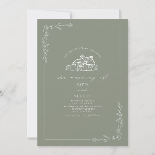 Invitation Line Art Rustique Grange Sage Green Mariage (Devant)