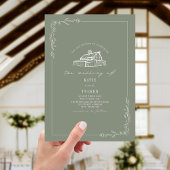 Invitation Line Art Rustique Grange Sage Green Mariage