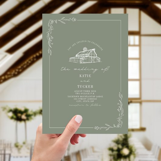 Invitation Line Art Rustique Grange Sage Green Mariage