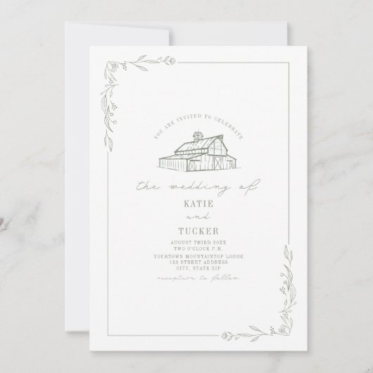 Invitation Line Art Rustique Grange Sage Vert Blanc Mariage (Devant)