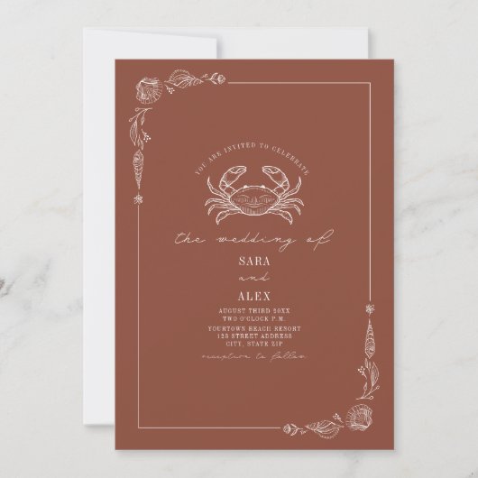 Invitation Line Art Rustique Terracotta Crab Plage Mariage (Devant)