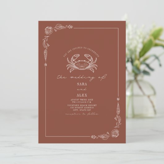Invitation Line Art Rustique Terracotta Crab Plage Mariage (Debout devant)