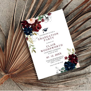Invitation Line Art Sketch Burgundy Navy Floral Graduation