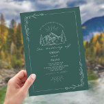 Invitation Line Art Woodland Mountain Dark Mariage Turquoise<br><div class="desc">Illustration de montagnes avec arbres à feuillage persistant au sommet avec bordure botanique d'art en ligne. L'Arrière - plan est de couleur turquoise foncée.</div>