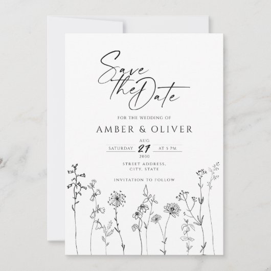 Invitation Lineart Fleur sauvage Simple Enregistrer La Date (Devant)