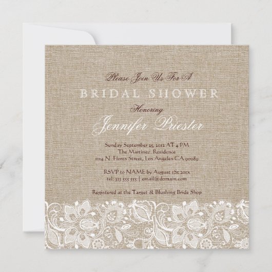 Invitation Linge beige Burlap & dentelle florale blanche 2 In (Devant)