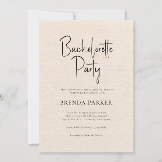Invitation Linge beige Simple Noir Script Bachelorette (Devant)
