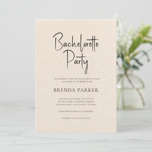 Invitation Linge beige Simple Noir Script Bachelorette (Debout devant)