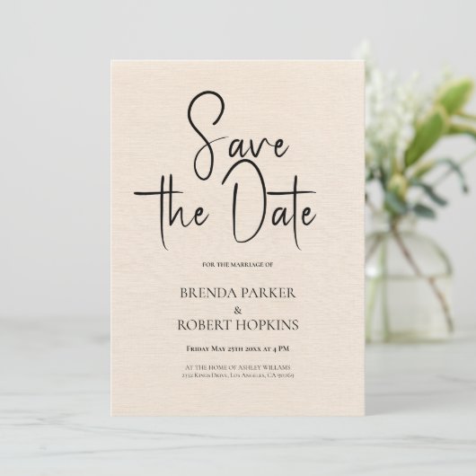 Invitation Linge Beige Simple Noir Script Enregistrer La Date (Debout devant)