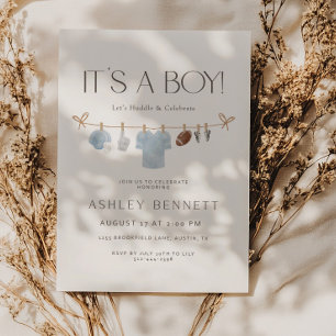 Invitation Linge bleu C'est un garçon Baby Shower Football