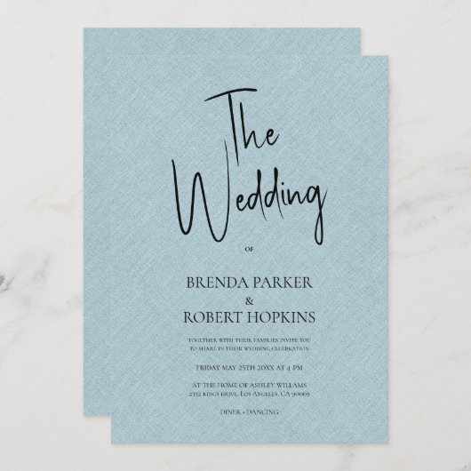 Invitation Linge bleu Simple Noir Script Mariage Invite (Devant / Derrière)