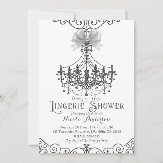 Invitation Linge de corps chic blanc et argenté à nœud blanc (Devant)