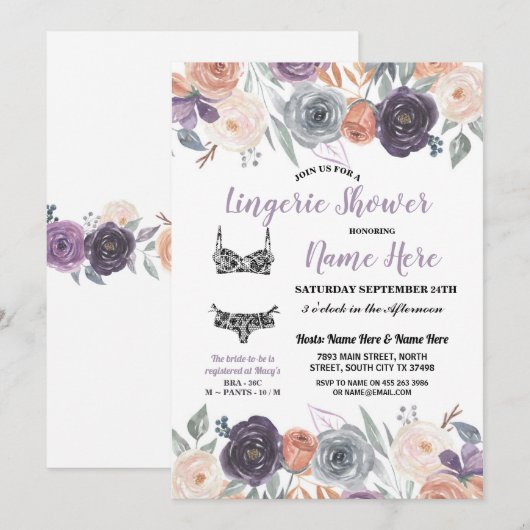 Invitation Linge de lingerie douche aquarelle pêche violet cr (Devant / Derrière)