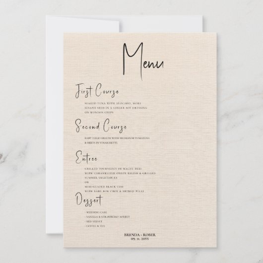 Invitation Linge de lit beige Simple Noir Script Mariage Menu (Devant)