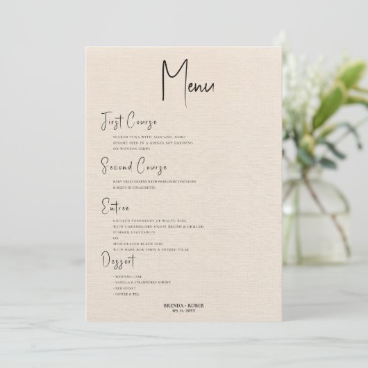 Invitation Linge de lit beige Simple Noir Script Mariage Menu (Debout devant)
