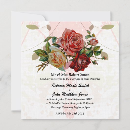 Invitation Linge de lit trois roses mariage (Devant)