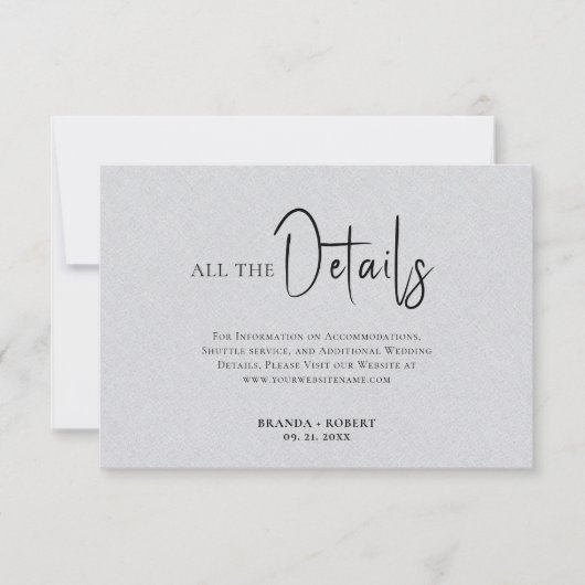 Invitation Linge gris Simple Noir Script Détails du Mariage (Devant)